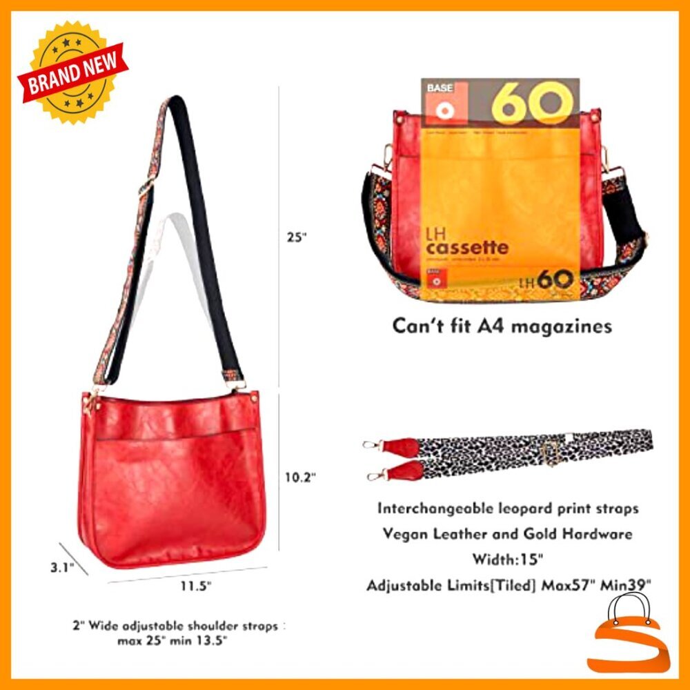 Vegan Leather Crossbody Bag With 2 Guitar Straps, 6 Pockets, Fits Ipad View 3